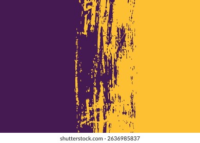 Dynamic vector abstract background. Bold yellow gold paint stroke on deep purple, featuring grunge texture and energetic splatter for modern designs.