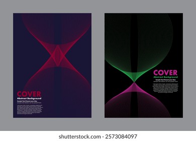 Dynamic vector abstract background featuring symmetrical curved lines in vibrant colors like hues of red on blue and green with magenta, creating a futuristic and modern aesthetic. For cover, poster