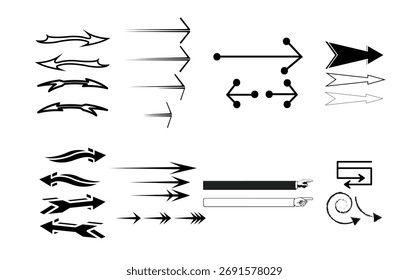 Dynamic Vector Arrow Pack: Diverse Set of Direction, Speed, Pointer, and Navigation Icons for Infographic and UI Design