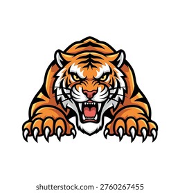 Dynamic vector art of an aggressive tiger in a powerful stance. Bold lines and vibrant orange hues convey strength and dominance. Ideal for sports teams, gaming brands, or marketing requiring a bold statement.