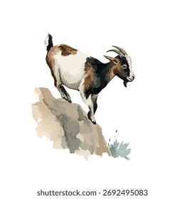 Dynamic vector art of an agile goat balancing on a rock, perfect for nature, farm, or wildlife-themed designs and educational content.