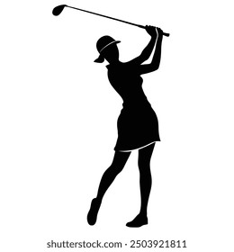 Dynamic vector art featuring a silhouette of a woman golfer in mid-swing. Perfect for sports-themed designs and golf-related projects.