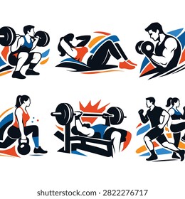 Dynamic vector art showing various athletes performing weightlifting and fitness activities