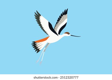 Ein dynamisches Vektorgrafik-Werk, das die anmutige Flugbewegung eines American Avocet-Vogels zeigt, perfekt für digitale Produkte und Grafikdesign-Projekte.