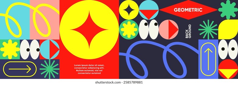 A dynamic vector background with bold geometric shapes and abstract patterns. Minimalist design with a modern and retro aesthetic, ideal for posters, flyers, banners, and festival promotions. 