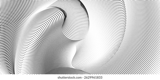 Dynamic vector background features fluid, curved halftone lines with flowing particles, and gradient wave shapes ideal for technology, science, sound waves, and modern digital design.