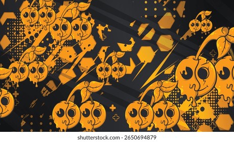 A dynamic vector background with a pattern of melt-faced cherries over an orange and black grunge texture, ideal for Halloween designs or edgy themes.