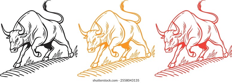 A dynamic vector of a bull in mid-charge, with its head lowered and horns prominently displayed. Muscular details and ground lines showing motion. Black line art.