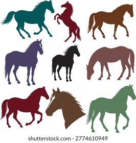 A dynamic vector collection of 12 elegant horse silhouettes in various poses (galloping, standing, rearing, grazing, and head profiles). These modern flat icons feature rich, vibrant color variations (teal, red, brown, purple, black, maroon, green). They symbolize freedom, strength, speed, grace, and equestrian sports. Perfect for farms, riding schools, equestrian brands, racing, wildlife projects, logos, apparel, game design, and animal lover merchandise. High-quality, fully scalable on white background.