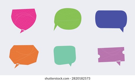 A dynamic vector collection of colorful textured speech bubbles and dialog frames. Features a vibrant pink wavy-textured frame, a green oval chat bubble, a solid blue rounded box, an orange geometric speech bubble, a cyan square chat frame, and a purple ticket-style textured dialog box. Perfect for comic art, web design, promotional banners, sales labels, and social media posts.

#SpeechBubble #VectorArt #GraphicDesign #ComicBubbles #TextFrame #ChatBox #DesignElements #CreativeVector #DialogBox #Illustration #WebDesign #BannerDesign #SocialMediaGraphics #VectorGraphics #PaperCutDesign