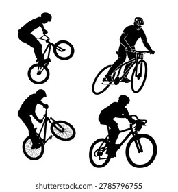 Dynamic vector collection showcasing four action-packed silhouettes of cyclists executing maneuvers. 