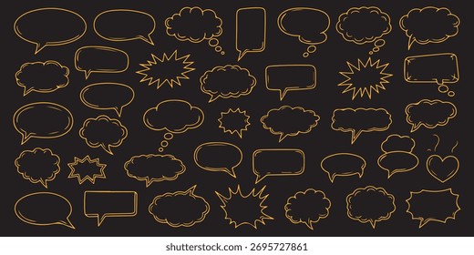 A dynamic vector collection of speech bubbles, thought clouds, and hearts in a vibrant gold outline against a black backdrop, perfect for graphic design