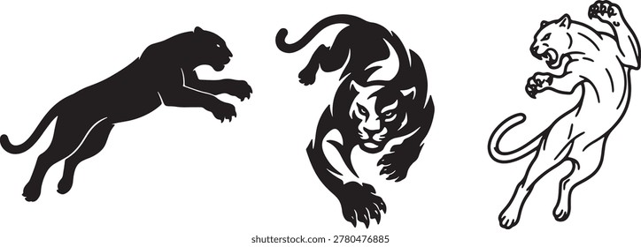 Dynamic vector collection of three powerful big cat illustrations: a sleek panther or jaguar in a leaping silhouette, a fierce attacking pose, and an aggressive, detailed outline, all isolated on white.