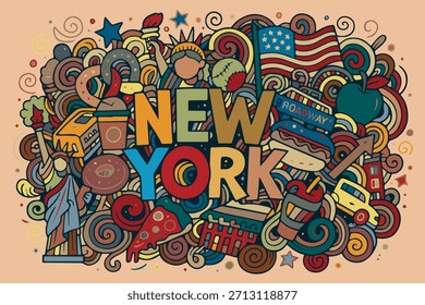 Fondo de doodle de Vector dinámico con ilustraciones abstractas de Nuevos Lugares famosos de York y Elementos de la vida de la ciudad. Perfecto para animados temas urbanos y de viajes.