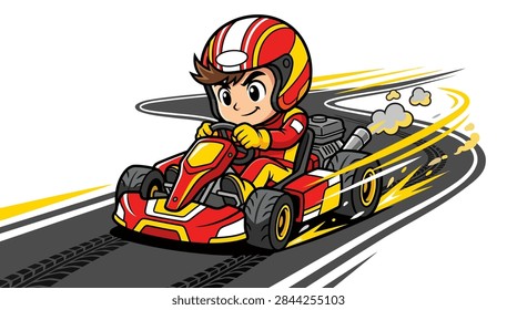 A dynamic vector graphic of a small chibi-style boy racing a red motorized go-kart on a winding asphalt track. The character wears a red and yellow racing helmet and matching driver's suit. The scene features speed lines, tire marks, and exhaust smoke to convey movement and fast action. The artwork uses bold outlines and vibrant colors, isolated on a white background for versatility.