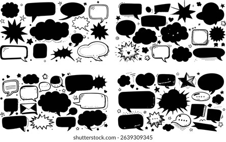 Dynamic vector graphics showcase various speech bubbles, cloud shapes, and star designs. This compilation includes unique hand-drawn doodles and asterisks in different sizes.