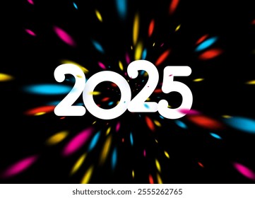 Dynamic vector illustration of 2025 featuring colorful light bursts on a dramatic black background, perfect for festive occasions.