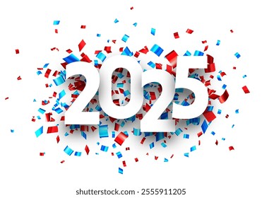 Dynamic vector illustration of 2025 featuring red and blue confetti on a clean white background, ideal for festive occasions.