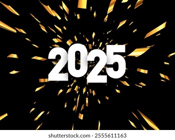 Dynamic vector illustration of 2025 with vibrant golden confetti bursts on a sleek black background, ideal for celebrations.