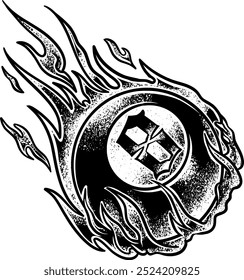 A dynamic vector illustration of an 8-ball with flames surrounding it. Perfect for t-shirt designs, emblems, or logos, giving a bold and energetic look with a classic billiards theme