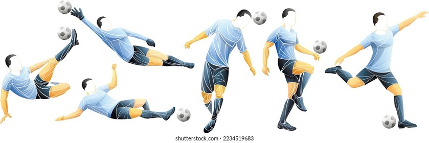 Dynamic vector illustration of abstract male soccer players in various action poses with ball. Stylized polygonal design, faceless athletes, motion concept, football sport background.