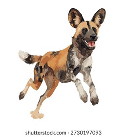Dynamische Vektorgrafik eines afrikanischen Wildhundes, der sein einzigartiges Fell zeigt. Ideal für Wildtiere, Natur oder Naturschutzprojekte.