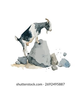 Dynamic vector illustration of an agile goat balancing on rocks. Perfect for nature, farm animal, or wildlife-themed designs and educational content.