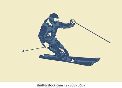 Una Ilustración vectorial dinámica de un esquiador alpino en movimiento, creada para la promoción deportiva invernal y la marca de estilo de vida al aire libre. Esta obra de arte profesional del esquí es conveniente para los carteles, los Anuncios, los Sitios web, la publicidad del viaje, la ropa de los deportes, y cualquier diseño comercial relacionado con los deportes de la nieve y las actividades de la montaña.