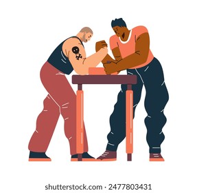 Dynamic vector illustration of arm wrestling competitions. Muscular male athletes in full-length sportswear compete, demonstrating strength and control.