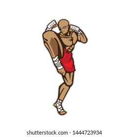 A dynamic vector illustration of a bald Muay Thai fighter performing a powerful high-knee or front-kick strike. The character is depicted with traditional hand wraps (prajiad), red shorts, and a determined expression. Styled as a bold mascot with thick outlines, this artwork is ideal for martial arts gym logos, combat sports branding, and fitness apparel.