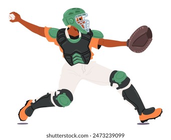 Dynamic Vector Illustration Of A Baseball Catcher In Action, Throwing A Ball. Catcher Is Fully Geared With A Helmet, Chest Protector, And Leg Guards, Portraying Athleticism And Focus In The Sport