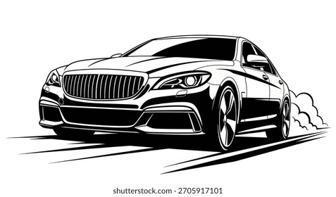 Ilustração vetorial dinâmica de um sedan preto à deriva, mostrando velocidade e potência com um efeito de fumaça. Ideal para designs automotivos e gráficos.