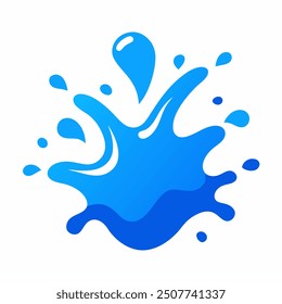 A dynamic vector illustration of a blue water splash, isolated on a white background. The splash is fluid and detailed, with droplets and waves radiating outwards, capturing the natural movement 