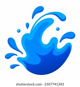 A dynamic vector illustration of a blue water splash, isolated on a white background. The splash is fluid and detailed, with droplets and waves radiating outwards, capturing the natural movement 