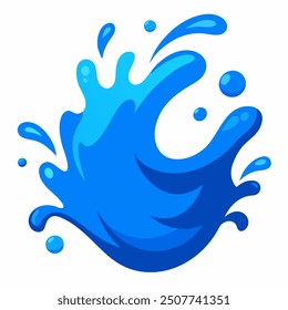 A dynamic vector illustration of a blue water splash, isolated on a white background. The splash is fluid and detailed, with droplets and waves radiating outwards, capturing the natural movement 