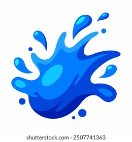 A dynamic vector illustration of a blue water splash, isolated on a white background. The splash is fluid and detailed, with droplets and waves radiating outwards, capturing the natural movement 