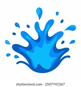Una Ilustración vectorial dinámica de un chapoteo de agua azul, aislado en un fondo blanco. La salpicadura es fluida y detallada, con gotitas y ondas que irradian hacia afuera, capturando el movimiento natural 