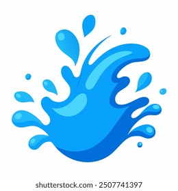 A dynamic vector illustration of a blue water splash, isolated on a white background. The splash is fluid and detailed, with droplets and waves radiating outwards, capturing the natural movement 