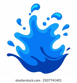 Una Ilustración vectorial dinámica de un chapoteo de agua azul, aislado en un fondo blanco. La salpicadura es fluida y detallada, con gotitas y ondas que irradian hacia afuera, capturando el movimiento natural 