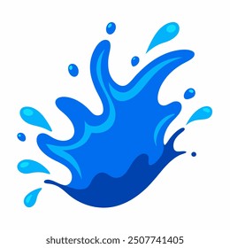 A dynamic vector illustration of a blue water splash, isolated on a white background. The splash is fluid and detailed, with droplets and waves radiating outwards, capturing the natural movement 