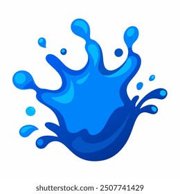 A dynamic vector illustration of a blue water splash, isolated on a white background. The splash is fluid and detailed, with droplets and waves radiating outwards, capturing the natural movement 