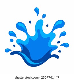 Una Ilustración vectorial dinámica de un chapoteo de agua azul, aislado en un fondo blanco. La salpicadura es fluida y detallada, con gotitas y ondas que irradian hacia afuera, capturando el movimiento natural 
