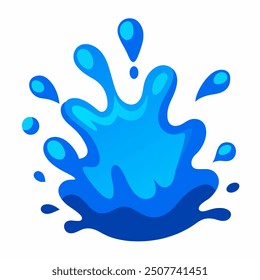 A dynamic vector illustration of a blue water splash, isolated on a white background. The splash is fluid and detailed, with droplets and waves radiating outwards, capturing the natural movement 