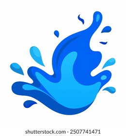 A dynamic vector illustration of a blue water splash, isolated on a white background. The splash is fluid and detailed, with droplets and waves radiating outwards, capturing the natural movement 