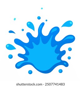 A dynamic vector illustration of a blue water splash, isolated on a white background. The splash is fluid and detailed, with droplets and waves radiating outwards, capturing the natural movement 
