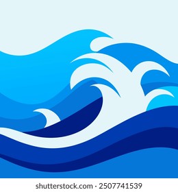 A dynamic vector illustration of a blue water splash, isolated on a white background. The splash is fluid and detailed, with droplets and waves radiating outwards, capturing the natural movement 