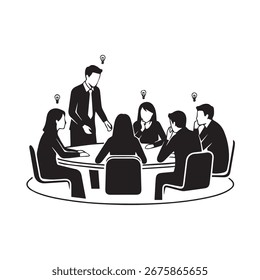 Uma ilustração vetorial dinâmica de uma sessão de brainstorming em uma reunião de mesa redonda, descrevendo a geração colaborativa de ideias EPS | Ilustração de arte