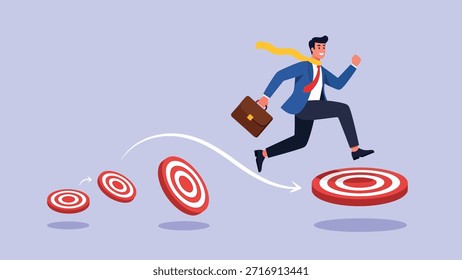 Dynamic vector illustration of a businessman in a suit and tie, carrying a briefcase, leaping across a series of red targets.