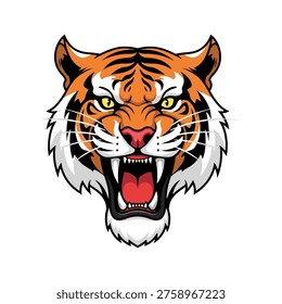 Dynamic vector illustration capturing intense tiger aggression. Bold lines and striking colors convey power and ferocity. Ideal for sports branding, marketing campaigns, or thematic design elements.
