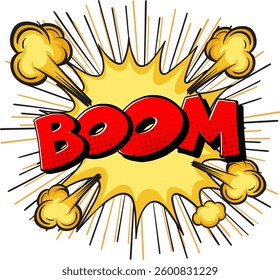Dynamic vector illustration of a comic-style explosion with vibrant colors and bold 'BOOM' text in red